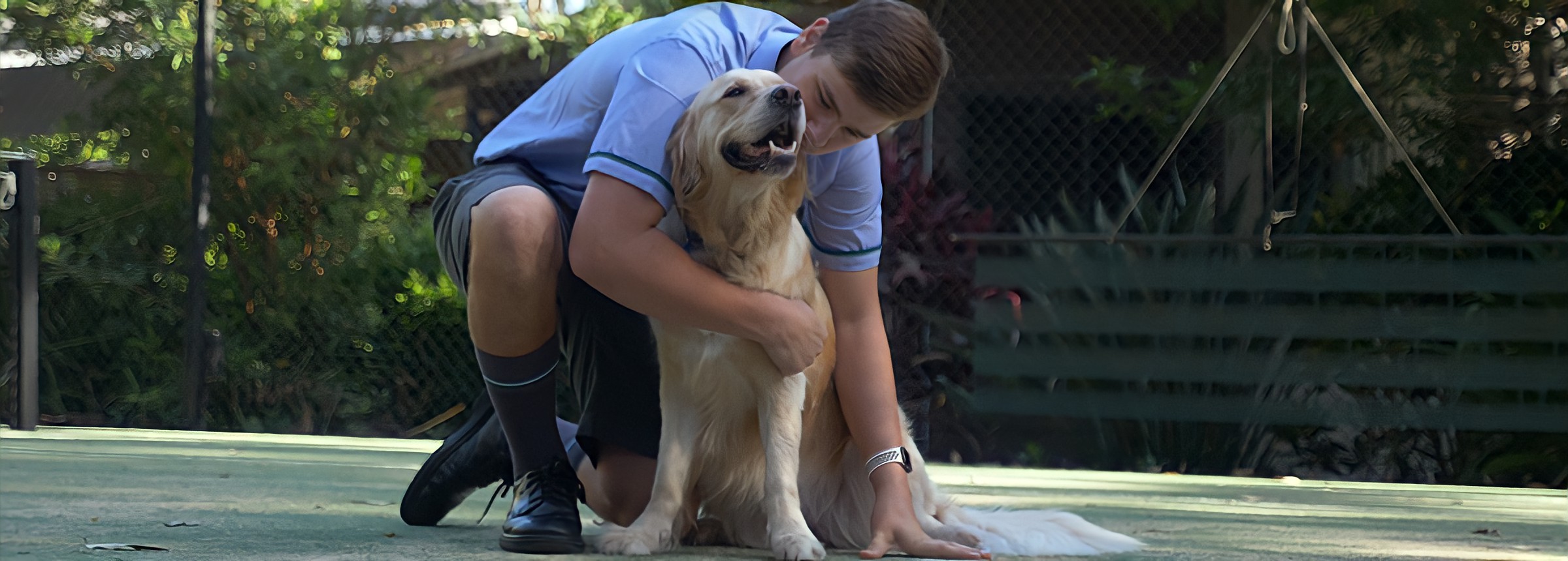 Young man cuddles Golden Retriever Seeing Eye Dog Sadie